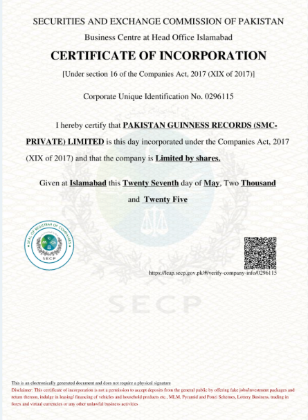 incorporation certificate by SECP